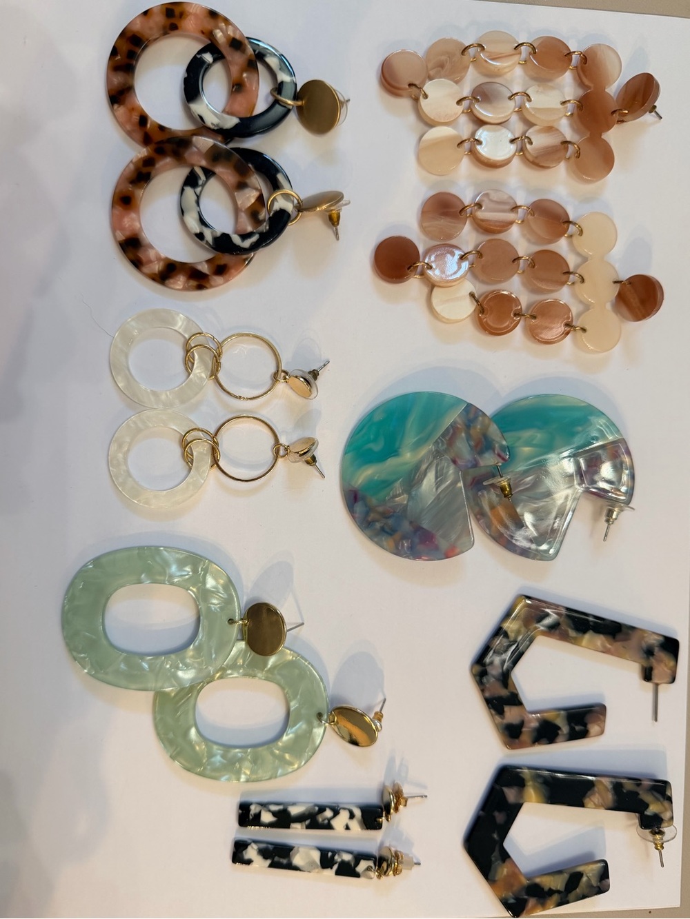 Fun Assorted Resin Earrings - Green, Cream, Pink, Tortoiseshell